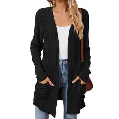 Cardigan Féminin Longue Ligne avec Poches et Coupe Détendue