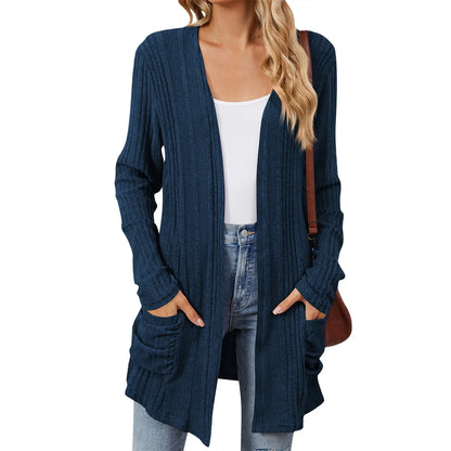 Cardigan Féminin Longue Ligne avec Poches et Coupe Détendue