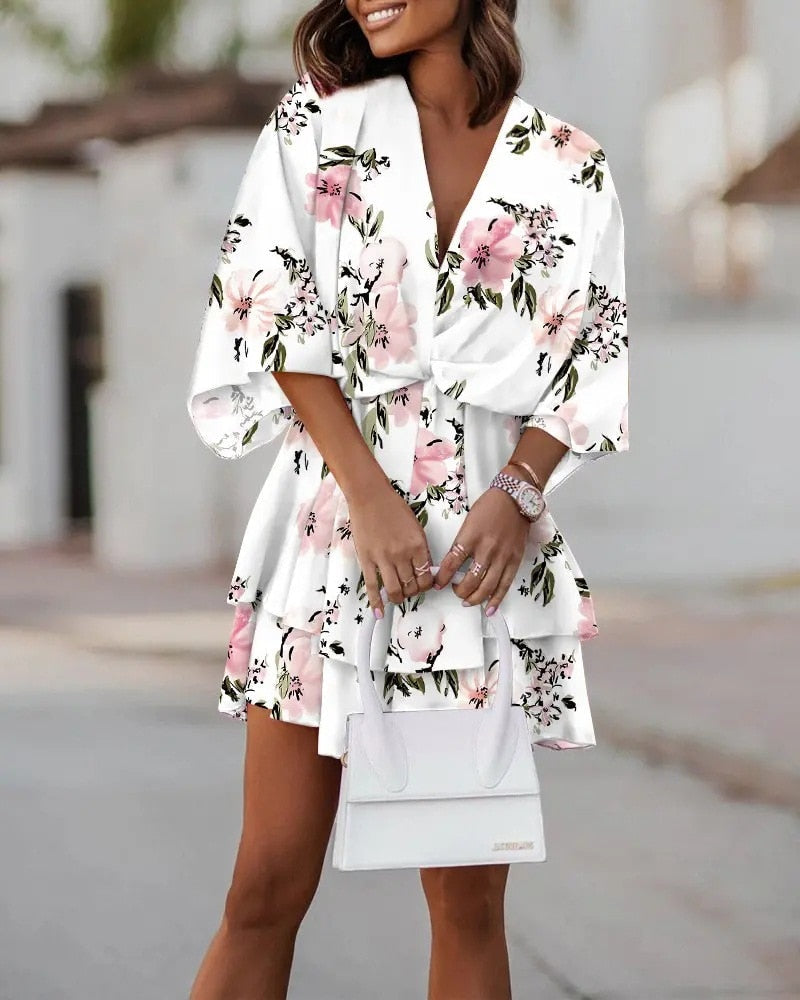 Robe Été Florale Courte Manche pour Femme