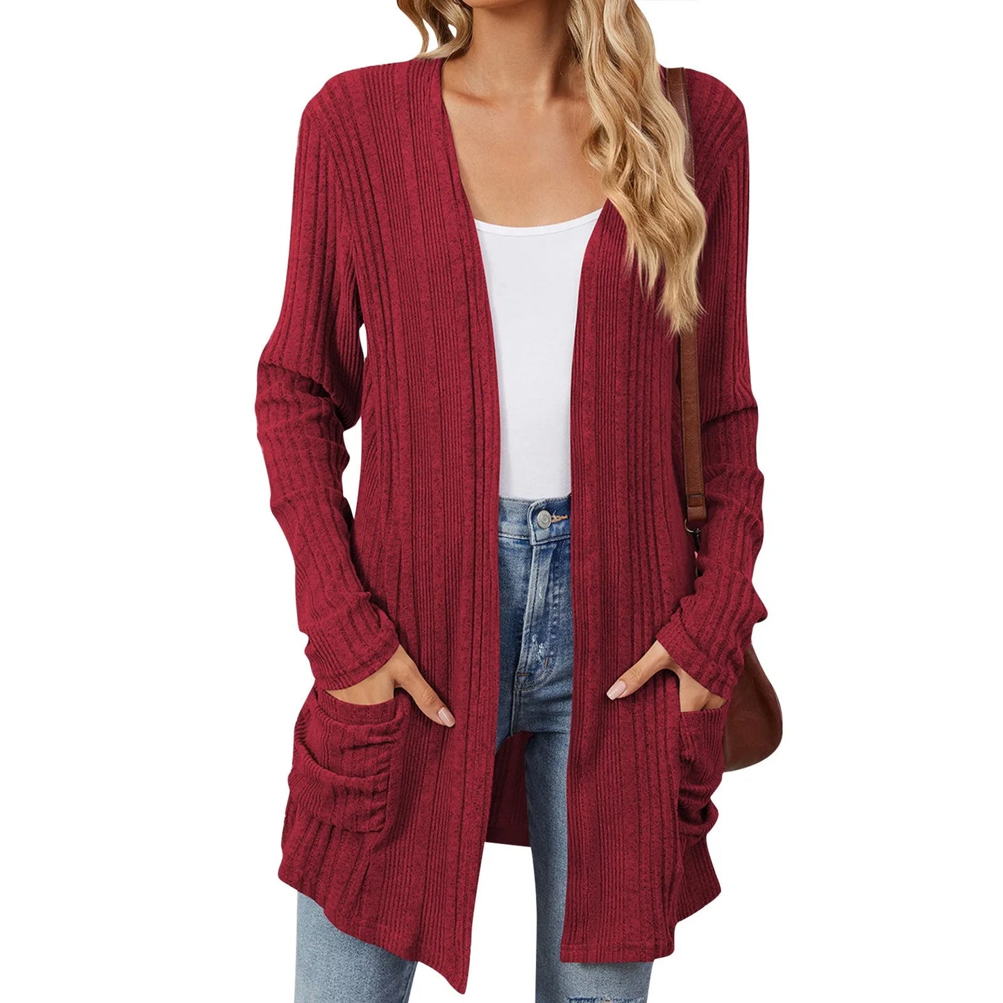 Cardigan Féminin Longue Ligne avec Poches et Coupe Détendue
