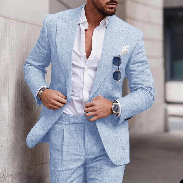 Costume Homme Élégant Lin Beige avec Chemise Blanche Classique