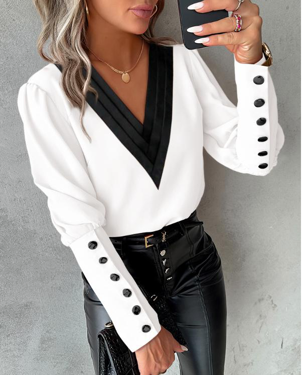 Chemisier femme détendu à col V manches longues - LuxeStyle