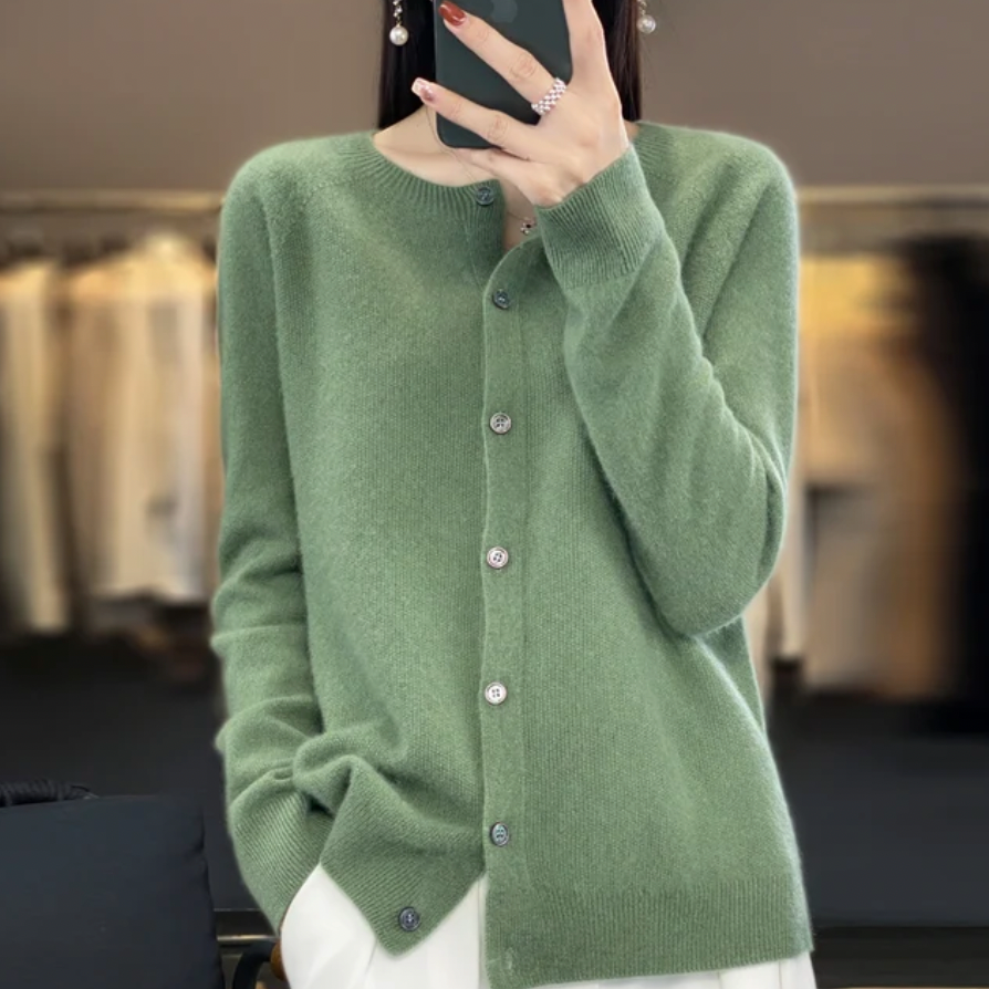 Gilet femme vert foncé en laine épaisse boutonné - LuxeStyle