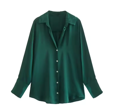 Chemisier élégant satin vert femme manches longues - LuxeStyle