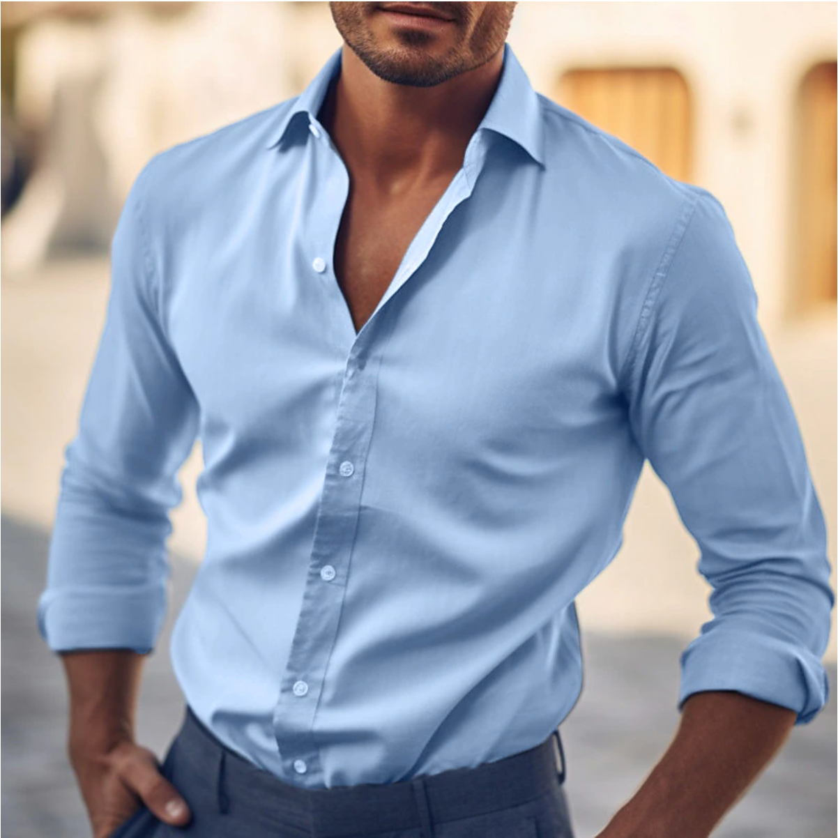 Chemise homme décontractée bleu ciel à manches longues - LuxeStyle