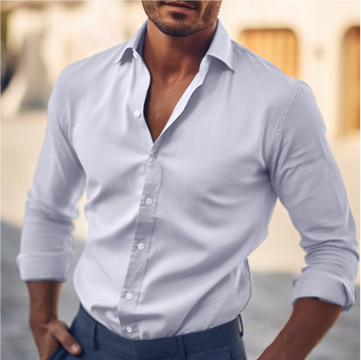 Chemise homme décontractée bleu ciel à manches longues