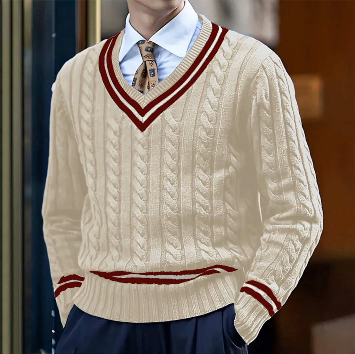 Pull en laine mélangée col en V châle pour homme - LuxeStyle