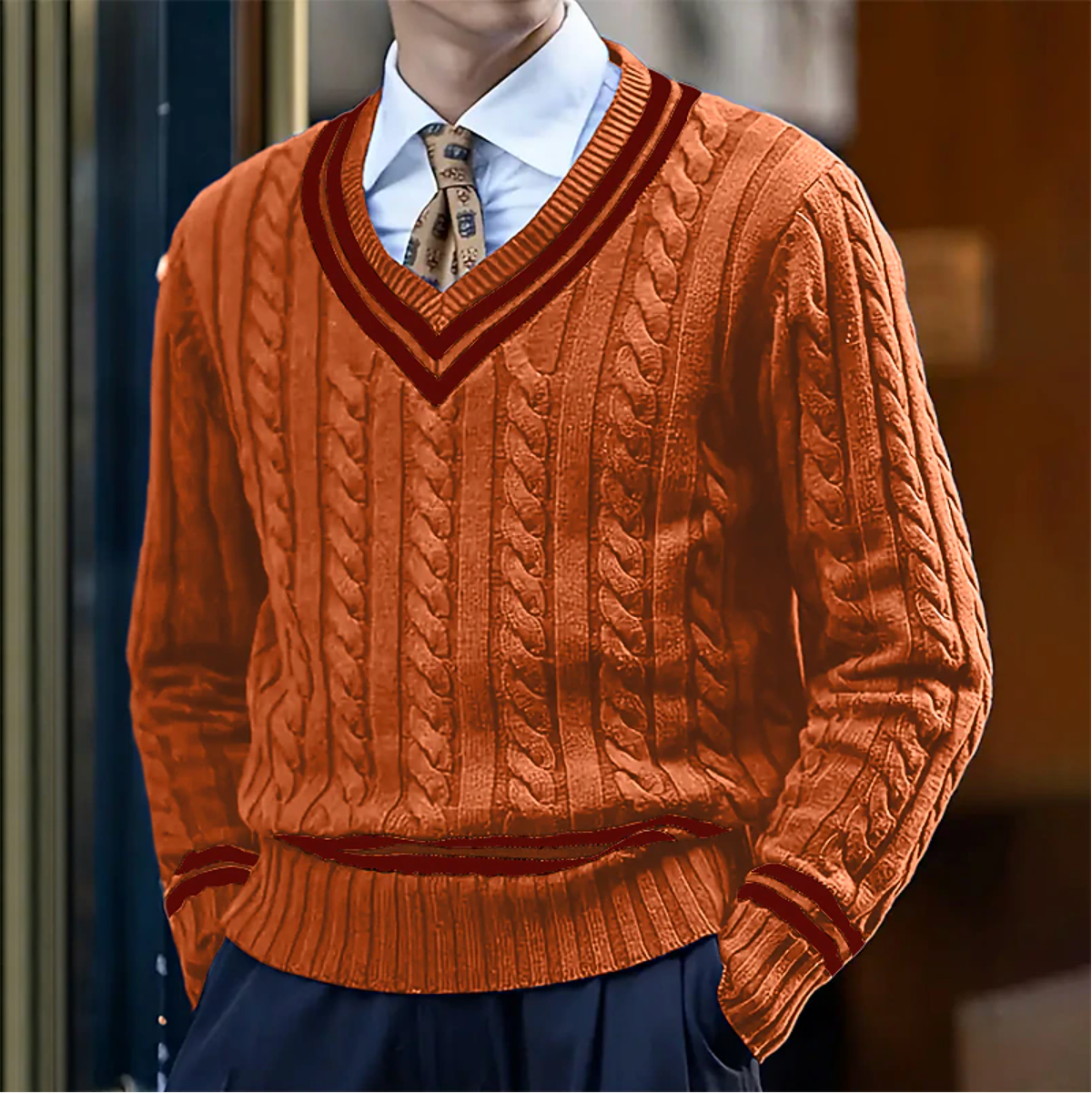 Pull en laine mélangée col en V châle pour homme