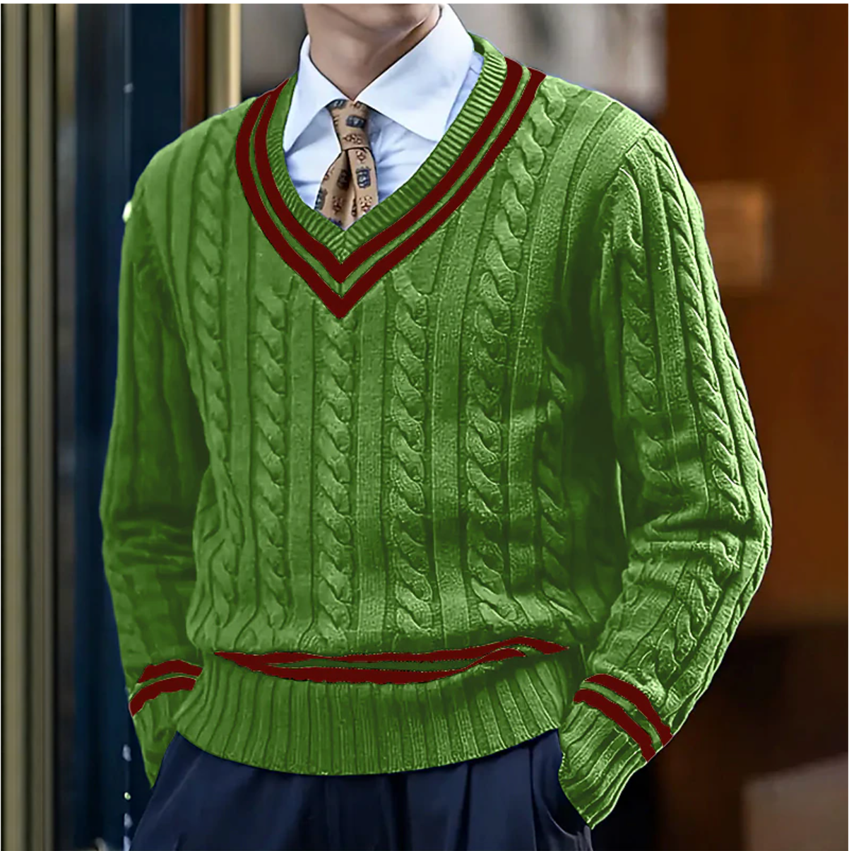 Pull en laine mélangée col en V châle pour homme