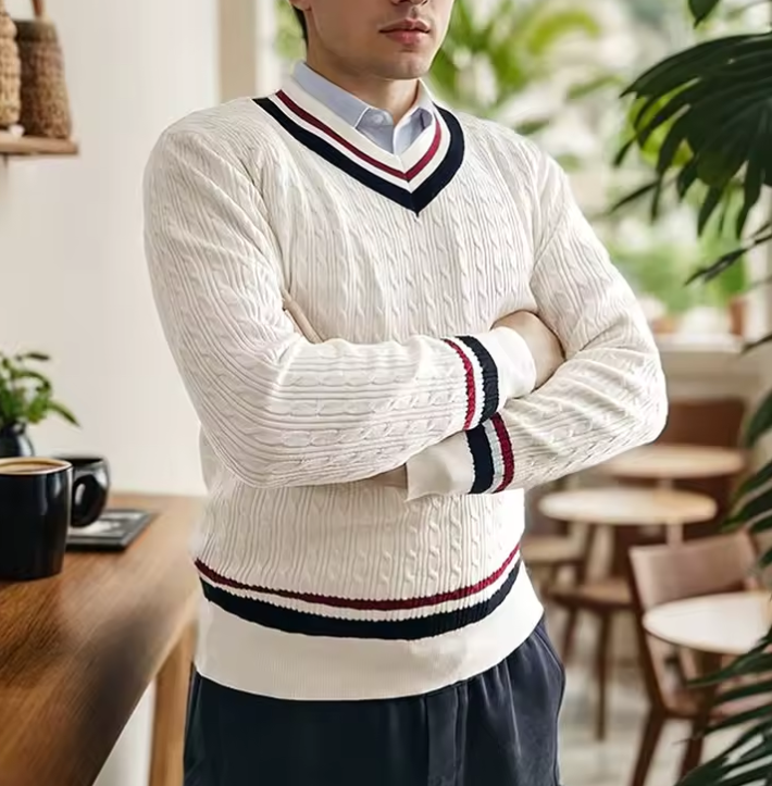Pull Blanc en Maille Texturée Col V Homme - LuxeStyle