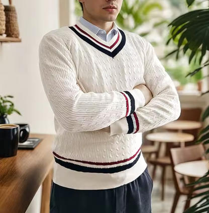 Pull Blanc en Maille Texturée Col V Homme - LuxeStyle