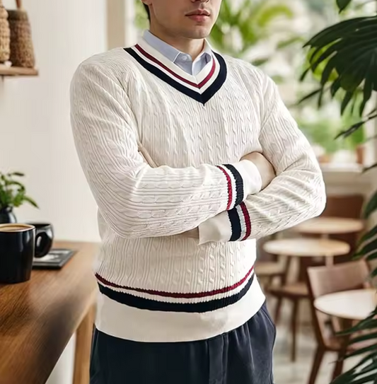 Pull Blanc en Maille Texturée Col V Homme - LuxeStyle