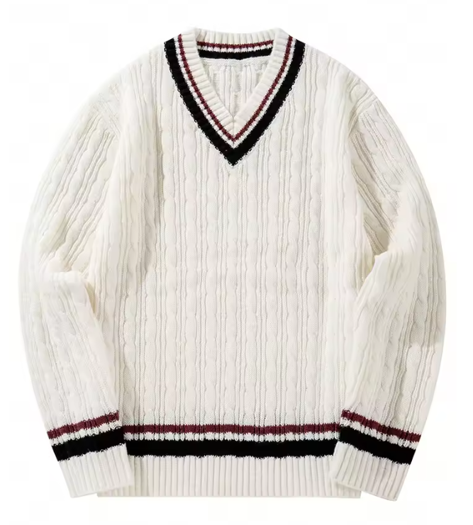 Pull Blanc en Maille Texturée Col V Homme
