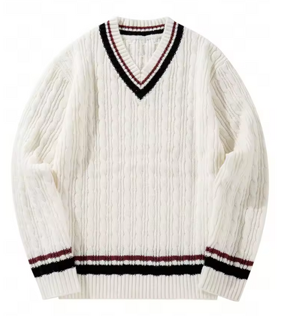 Pull Blanc en Maille Texturée Col V Homme