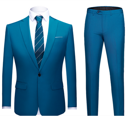 Costume Homme Classique Bleu avec Chemise à Rayures et Cravate Élégante