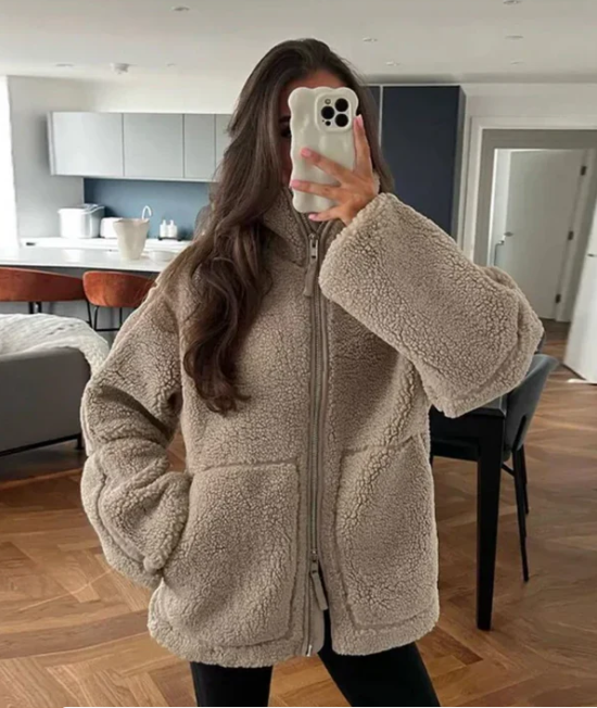 Veste Cuir Douce Femme - Manteau Élégant Chaud en Peluche avec Col Montant & Tissu Confortable