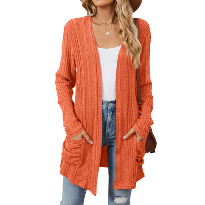 Cardigan Féminin Longue Ligne avec Poches et Coupe Détendue