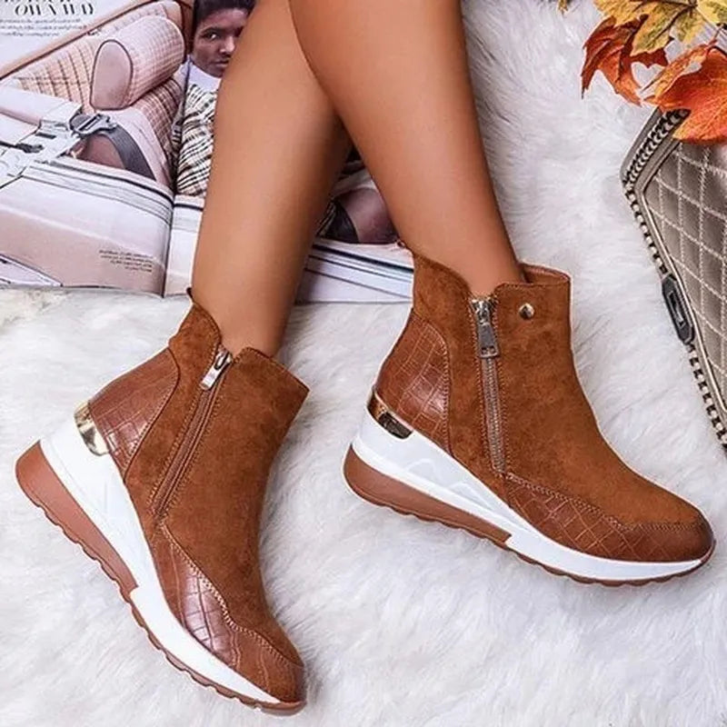 Bottines Femmes Beige à Talon Bas avec Fermeture Rapide