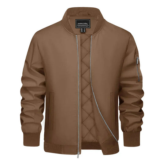 Blouson cuir brun avec fermeture éclair et poches latérales - LuxeStyle