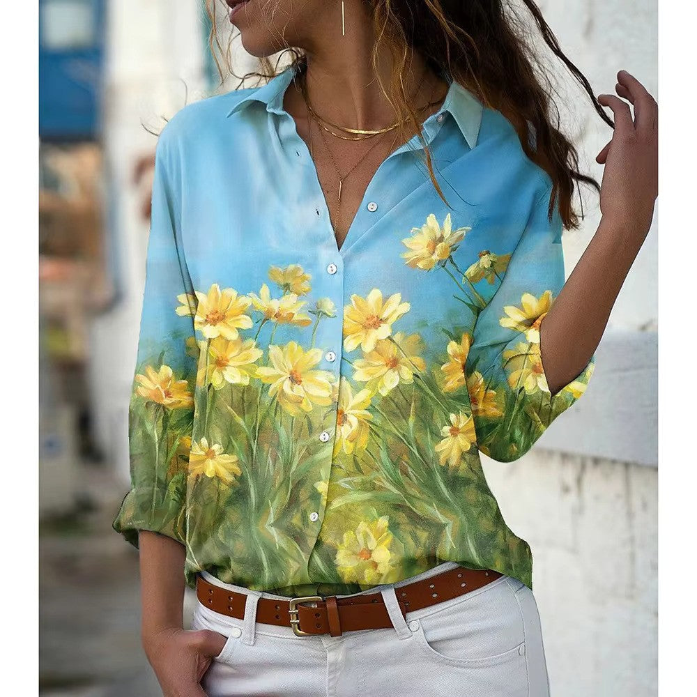 Blouse Été Fleuri Manches Longues pour Femme