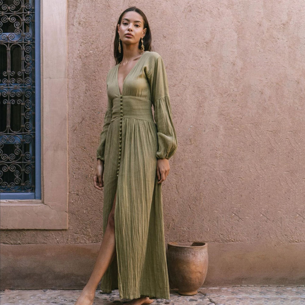 Robe Longue Été Femme – Kaki Coton Boutons et Plis Chic - LuxeStyle