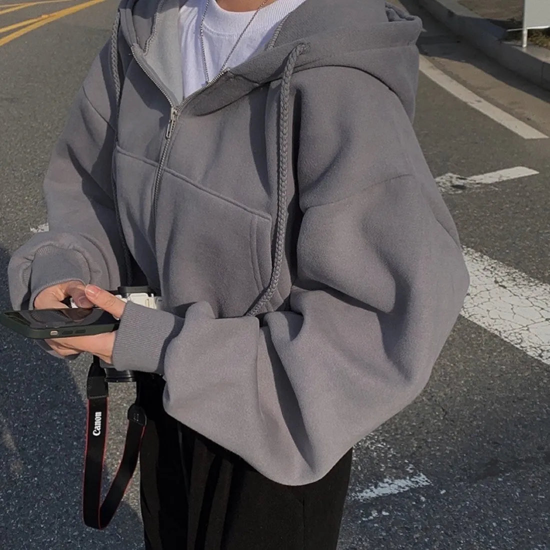 Veste Oversize à Capuche avec Fermeture Éclair