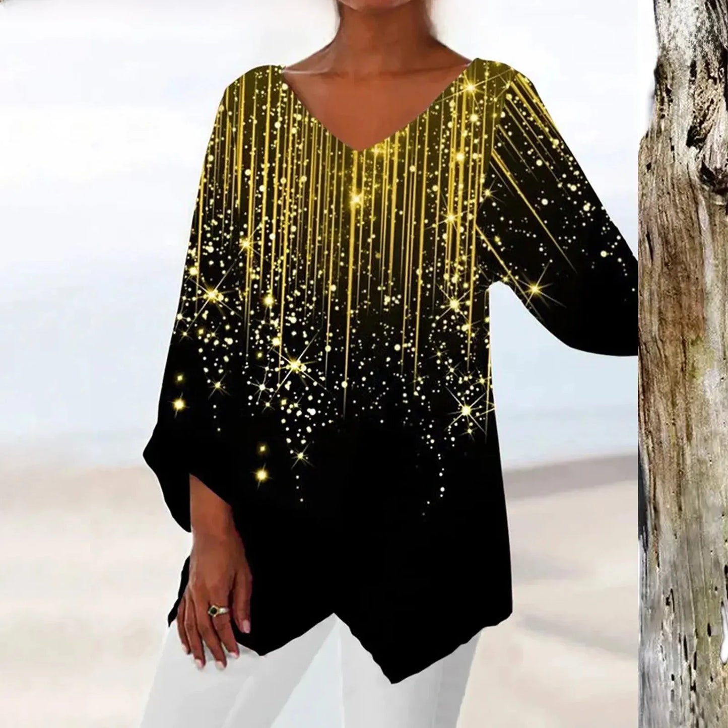 Blouse Féminine Séquins Manches Longues Col en V