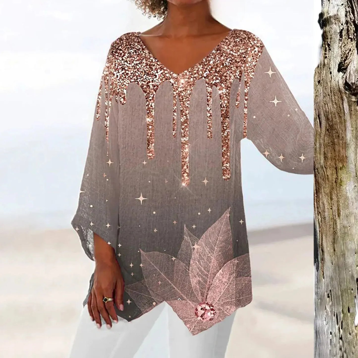 Blouse Féminine Séquins Manches Longues Col en V