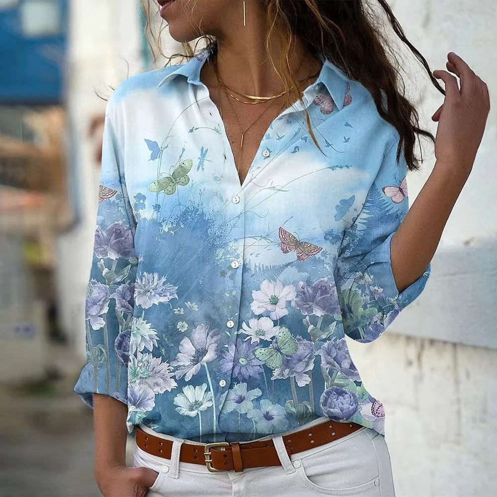 Blouse Été Fleuri Manches Longues pour Femme