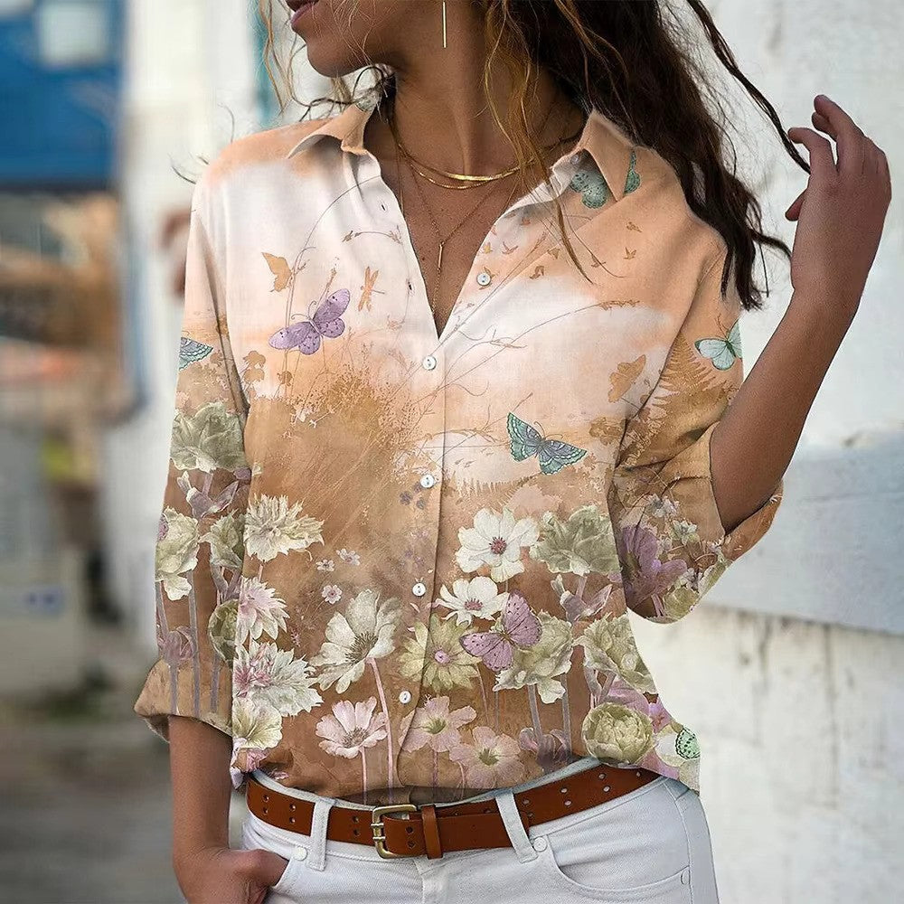 Blouse Été Fleuri Manches Longues pour Femme