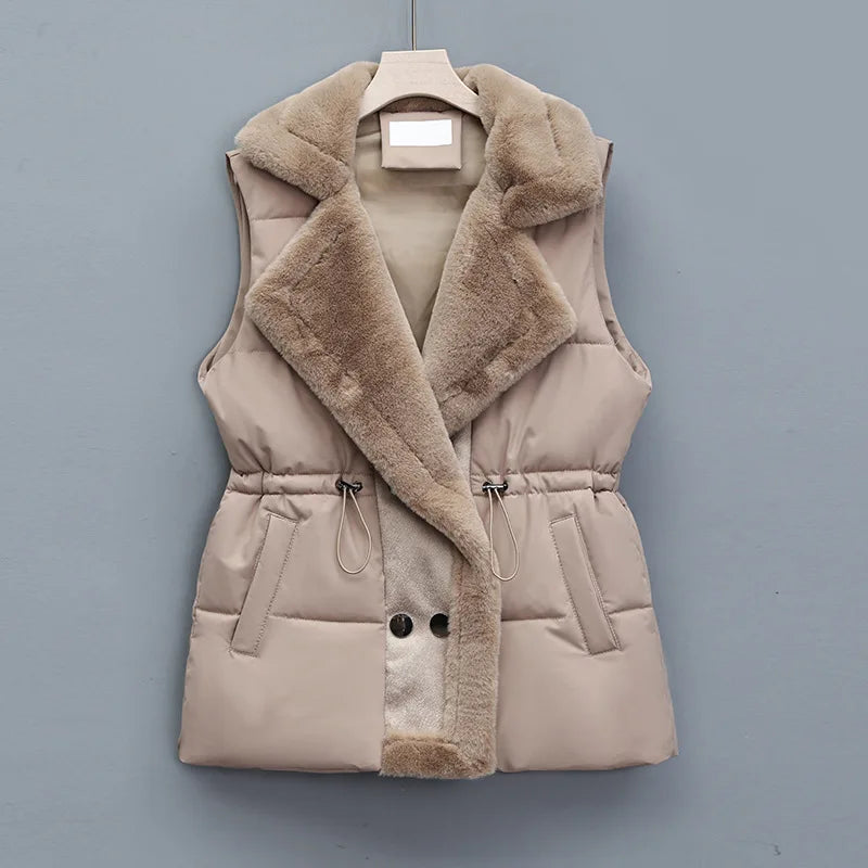 Gilet Douillet Col Fourrure Artificielle pour Femme Hiver
