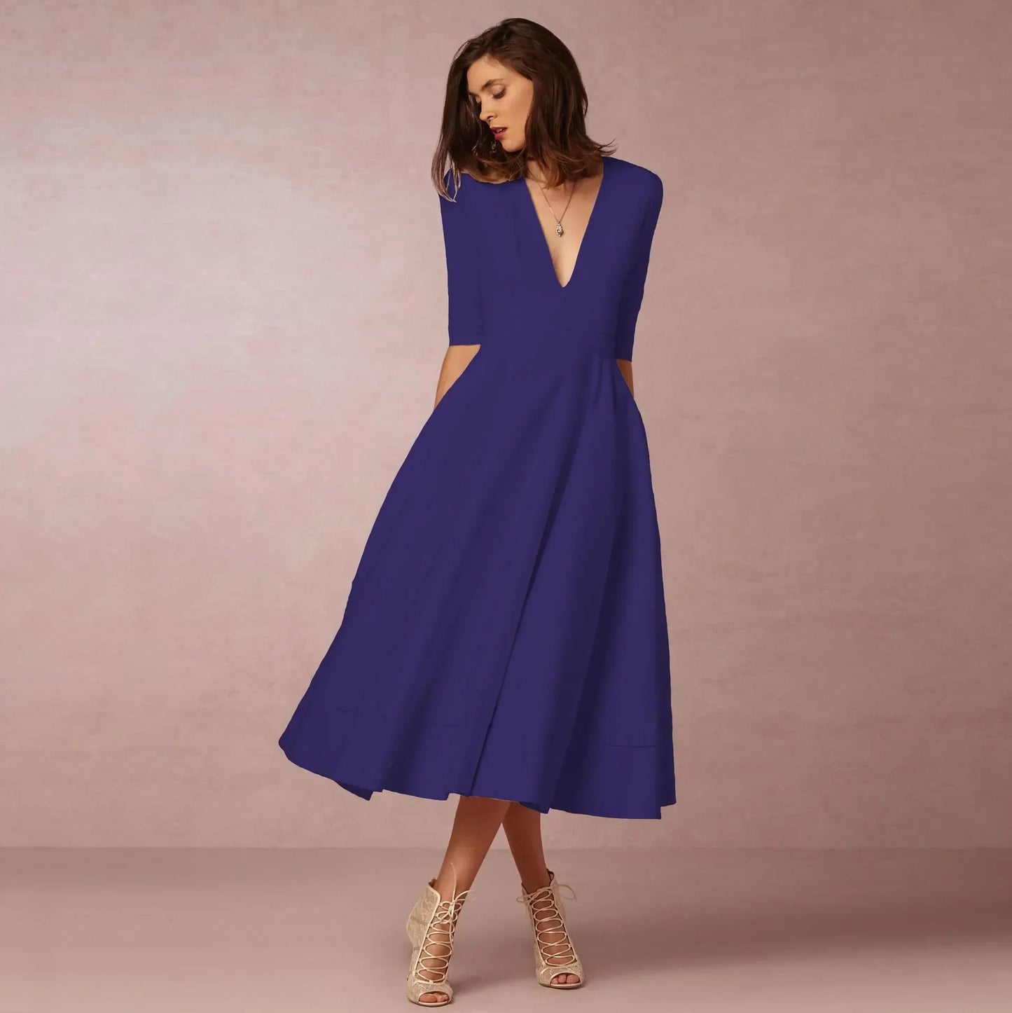 Robe Femme Élégante en Coton - Robe Midi Cintrée Chic