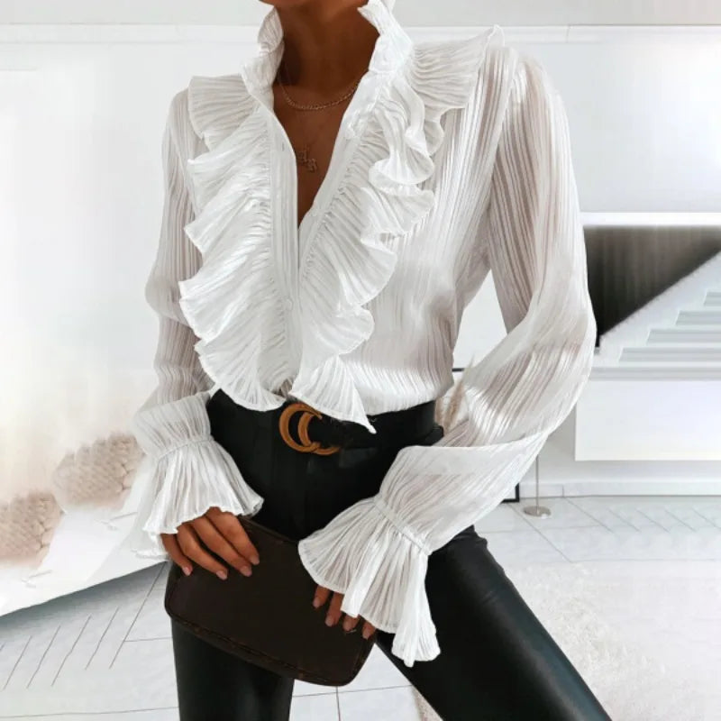 Chemisier Femme Chic à Manches Longues avec Décolleté Profond