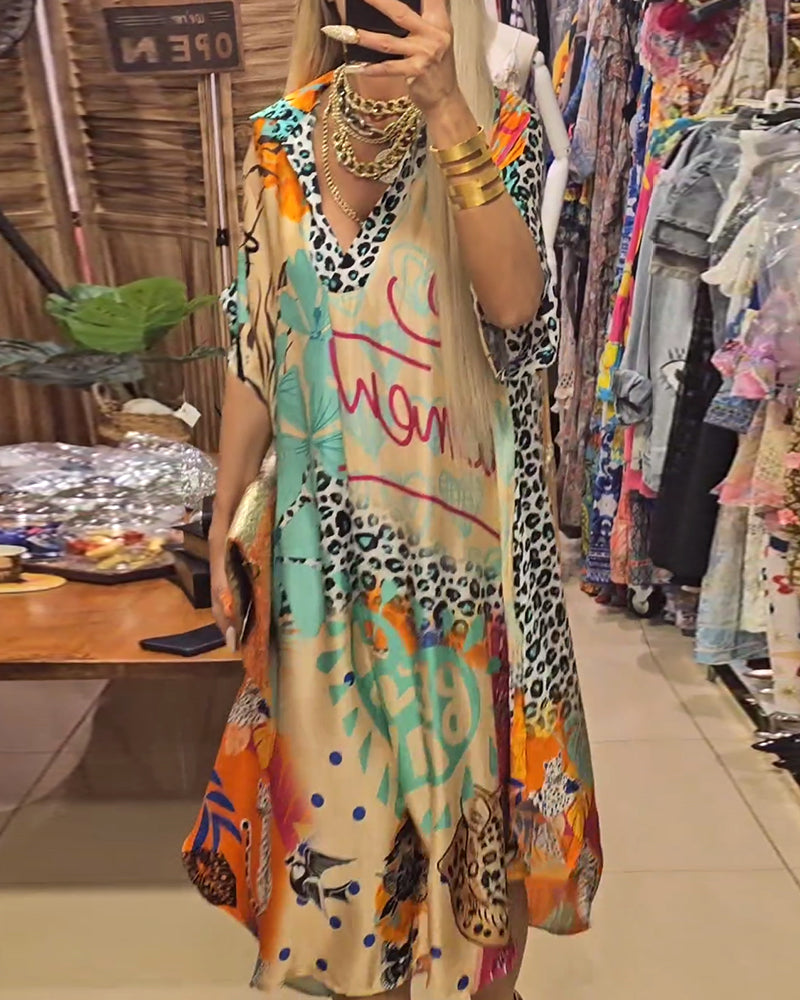 Robe Femme Chic - Robe Longue Soirée avec Décolleté Profond, Imprimé Animé & Silhouette Fluid
