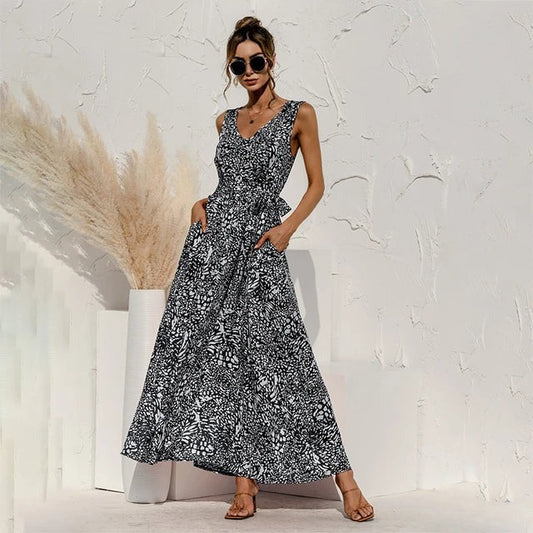 Robe Été Longue Noire Fleuri pour Femme - LuxeStyle