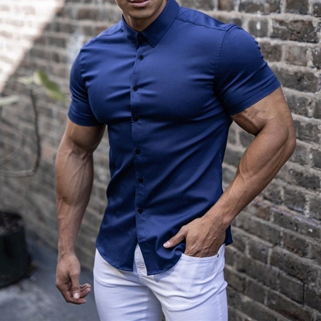 Chemise Homme Noir Élégant Manches Courtes Taille Affûtée