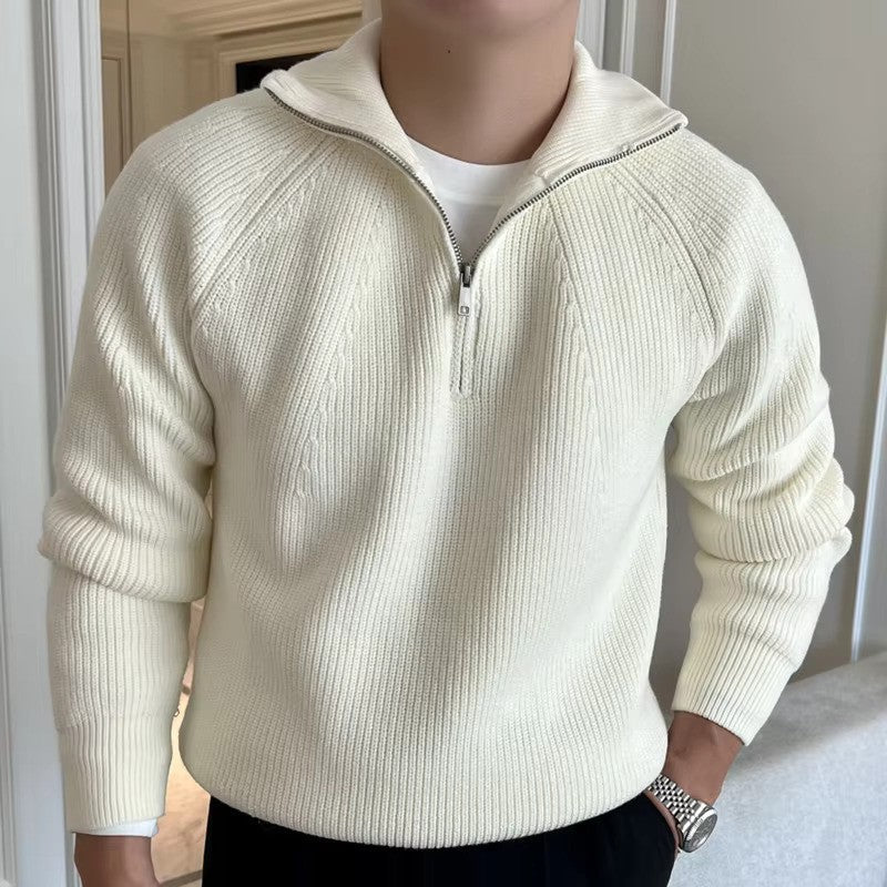 Pull en maille zippé col montant pour homme blanc cassé → Pull maille zippé col montant homme blanc ivoire - LuxeStyle
