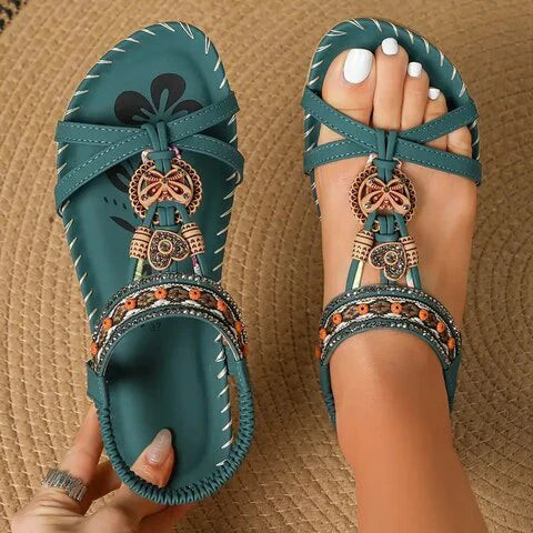 Sandales Femmes Chic - Sandales Bohèmes à Semelle Plate avec Style Tribal