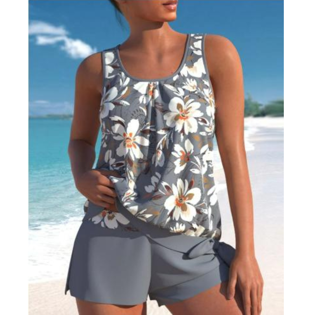 Maillot de Bain Femme Floral Élégant avec Shorty Sans Manches