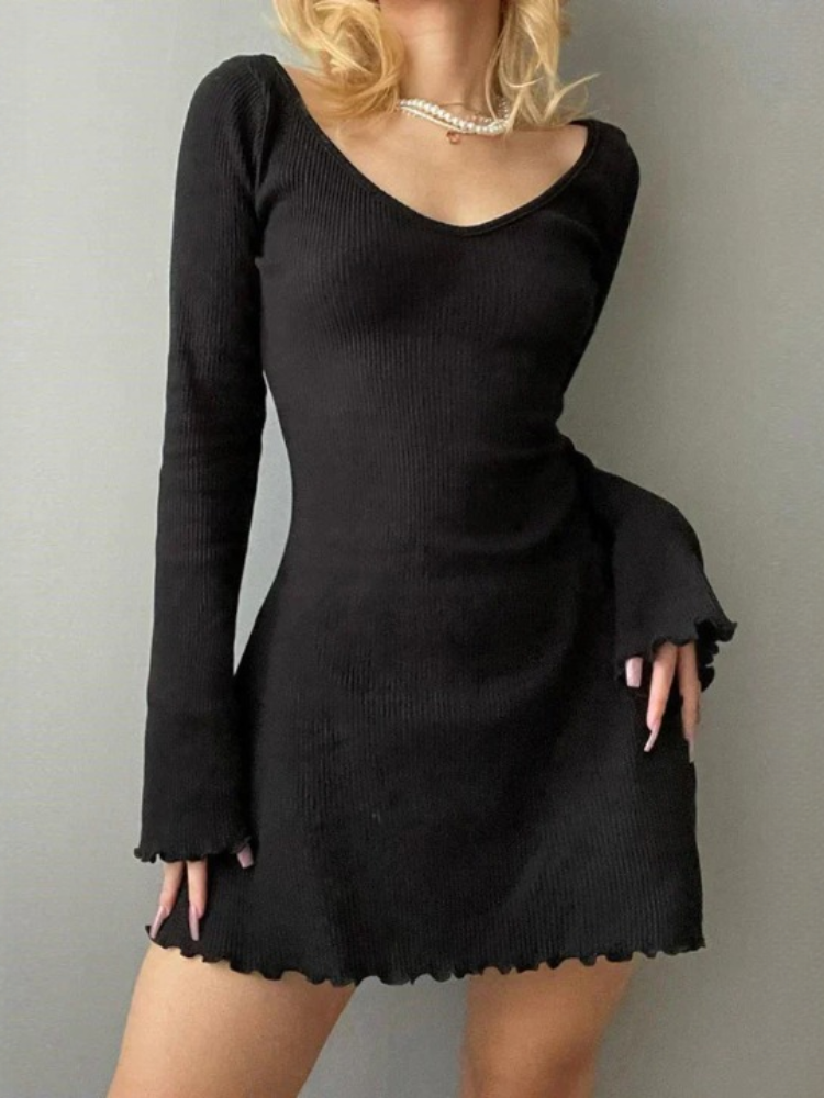 Robe femme décontractée col V manches longues - LuxeStyle