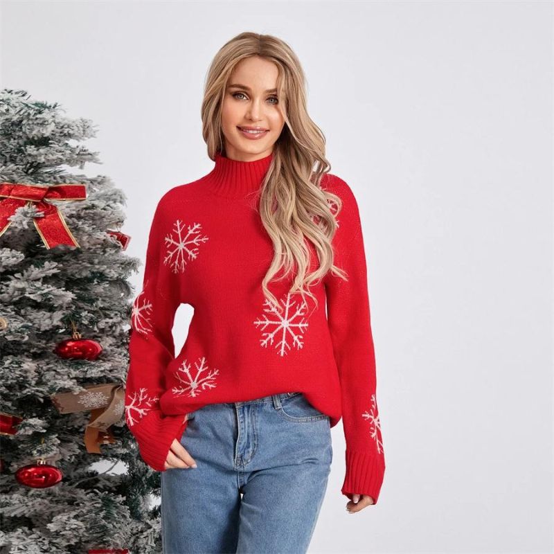 Pull Rouge Hiver Chic à Flocons pour Femme