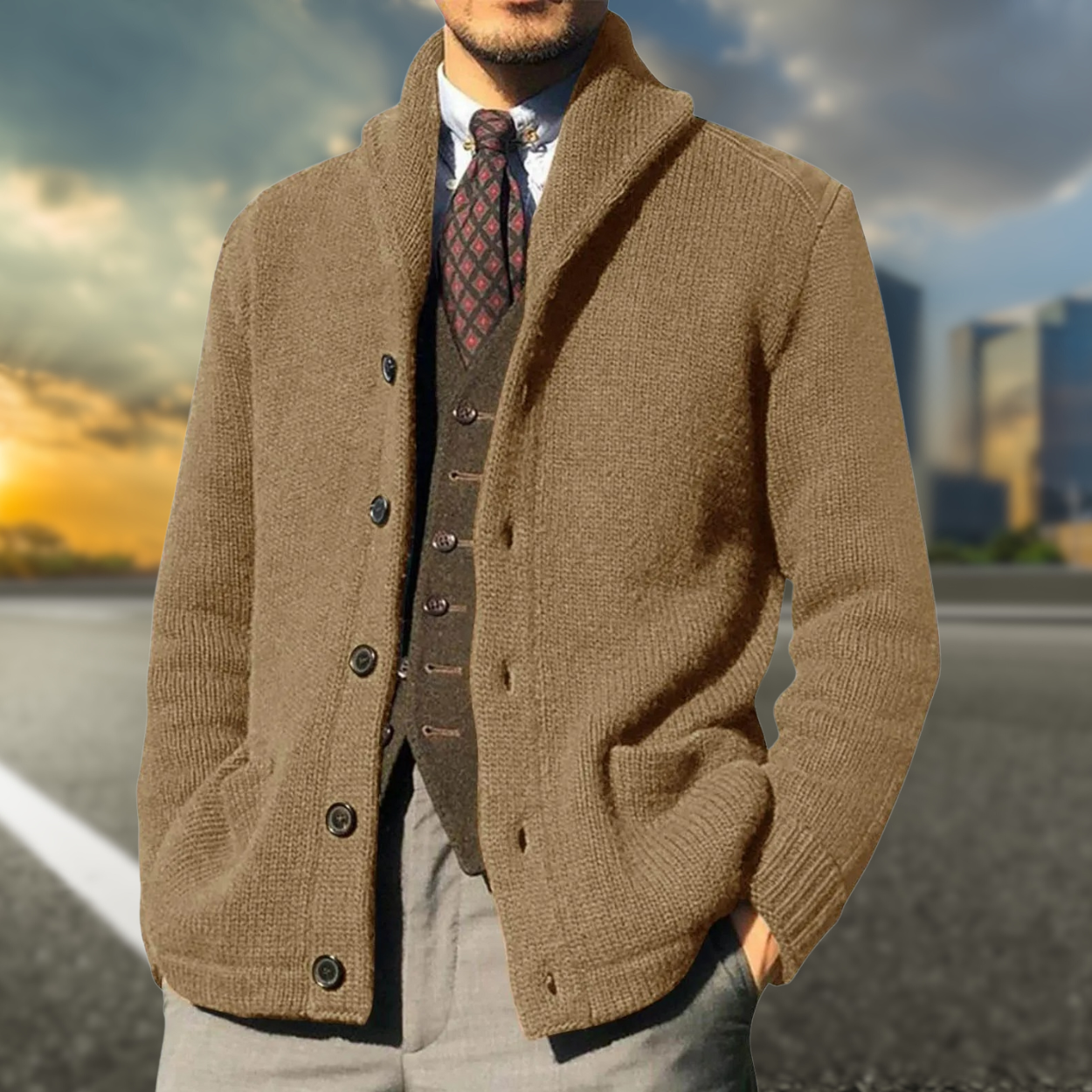 Cardigan Boutonné D'hiver Uni Pour Homme Avec Poche | Manches Longues