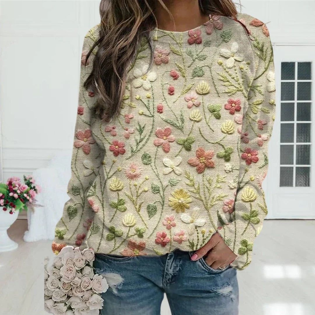 Pull à manches longues fleuri élégant femme