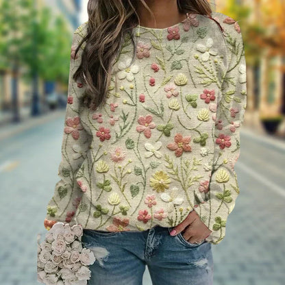Pull Femme Hiver Broderies Fleurs Relaxe