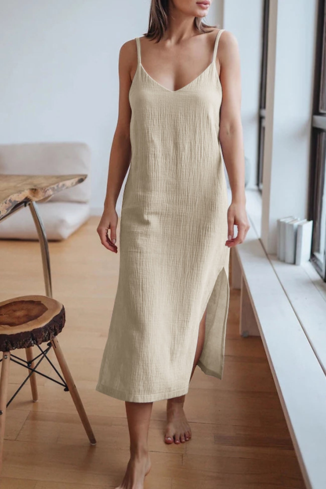 Robe Été Femmes en Lin, Col en V et Bretelles Fines - LuxeStyle