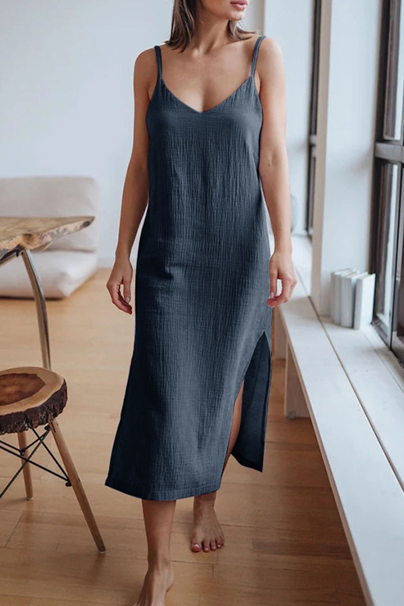Robe Été Femmes en Lin, Col en V et Bretelles Fines