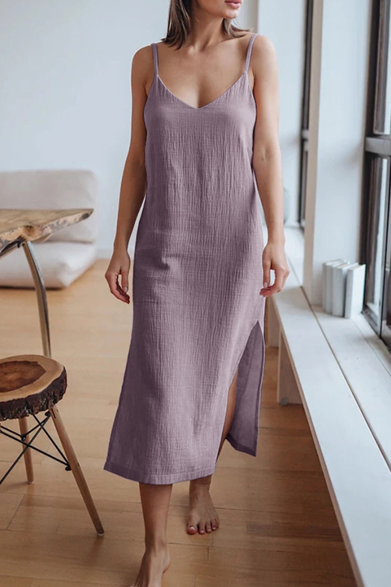 Robe Été Femmes en Lin, Col en V et Bretelles Fines
