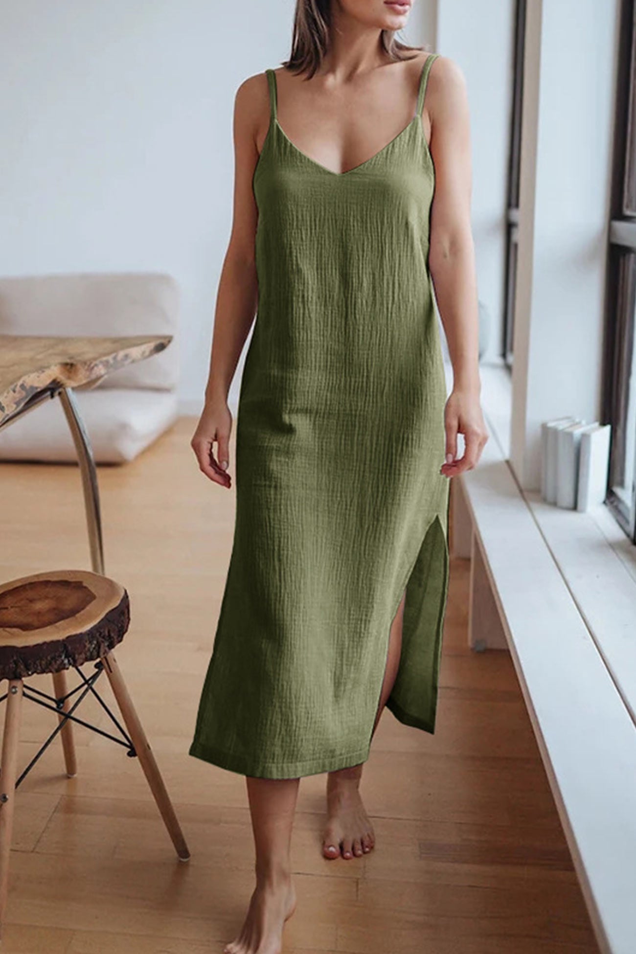 Robe Été Femmes en Lin, Col en V et Bretelles Fines