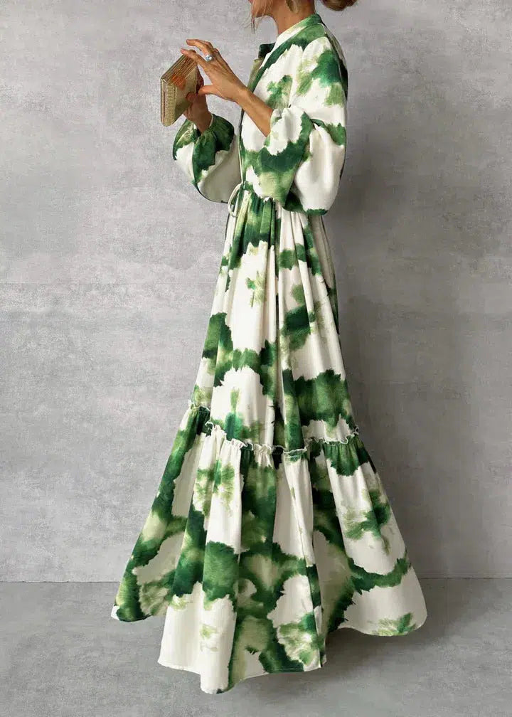 Robe Femme Élégante Longue Manches - Robe Verte Chic Décolleté Profond - LuxeStyle