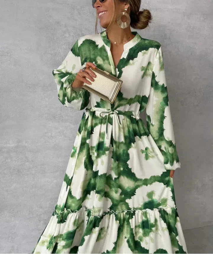 Robe Femme Élégante Longue Manches - Robe Verte Chic Décolleté Profond